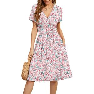 image:imageWEACZZY Womens Summer Short Sleeve Casual Dresses VNeck Floral Party Dress with PocketsYh Pink Floral