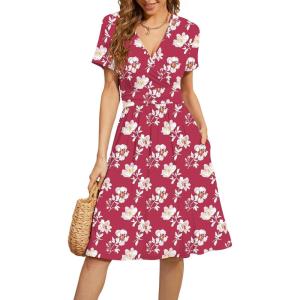 image:imageWEACZZY Womens Summer Short Sleeve Casual Dresses VNeck Floral Party Dress with PocketsYh Red White Flower