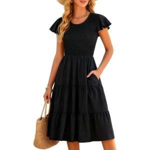 image:imageBerydress Summer Dresses for Women 2026 Casual Boho Midi Dress Beach Vacation Ruffled Sundress with PocketsBlack