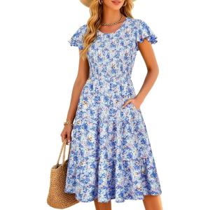image:imageBerydress Summer Dresses for Women 2026 Casual Boho Midi Dress Beach Vacation Ruffled Sundress with PocketsBlue Floral