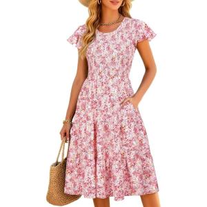 image:imageBerydress Summer Dresses for Women 2026 Casual Boho Midi Dress Beach Vacation Ruffled Sundress with PocketsPink Floral