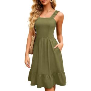 image:imageBerydress Sundresses for Women 2026 Vacation Summer Midi Dress Spaghetti Straps Flowy Boho Beach Dresses with PocketsArmy Green