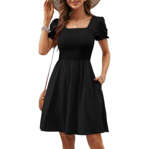 image:imageBerydress Womens Summer Dresses 2026 Pockets Short Sleeve Square Neck Flowy A Line Casual Boho Smocked Mini Sun DressBlack