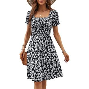 image:imageBerydress Womens Summer Dresses 2026 Pockets Short Sleeve Square Neck Flowy A Line Casual Boho Smocked Mini Sun DressBlack Flower