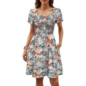 image:imageBerydress Womens Summer Dresses 2026 Pockets Short Sleeve Square Neck Flowy A Line Casual Boho Smocked Mini Sun DressBlue Floral