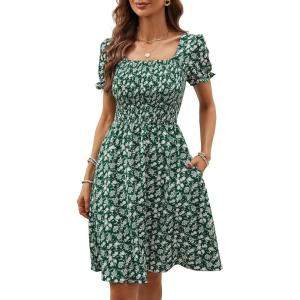 image:imageBerydress Womens Summer Dresses 2026 Pockets Short Sleeve Square Neck Flowy A Line Casual Boho Smocked Mini Sun DressGreen Flower