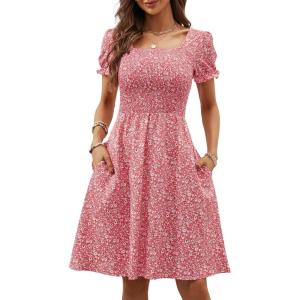 image:imageBerydress Womens Summer Dresses 2026 Pockets Short Sleeve Square Neck Flowy A Line Casual Boho Smocked Mini Sun DressPink Flower