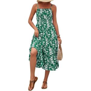 image:imageBerydress Womens Summer Maxi Dress with Pockets Spaghetti Straps Sleeveless Smocked Sundress Boho Beach Vacation DressesGreen Floral