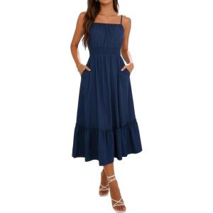 image:imageBerydress Womens Summer Maxi Dress with Pockets Spaghetti Straps Sleeveless Smocked Sundress Boho Beach Vacation DressesNavy Blue