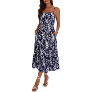 image:imageBerydress Womens Summer Maxi Dress with Pockets Spaghetti Straps Sleeveless Smocked Sundress Boho Beach Vacation DressesNavy Floral