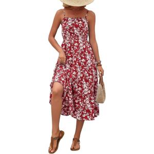 image:imageBerydress Womens Summer Maxi Dress with Pockets Spaghetti Straps Sleeveless Smocked Sundress Boho Beach Vacation DressesRed Floral