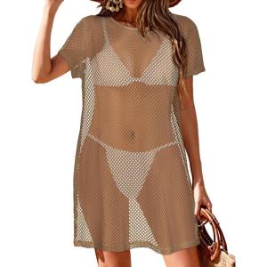 image:imageCHICGAL Womens Bathing Cover Ups Knit Bikini Short Sleeve Swimsuit Coverup Summer Swimwear Hollow Out Beach Dress 2026Brown
