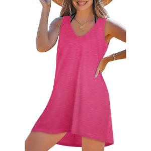 image:imageCHICGAL Womens Swimsuit Coverup Summer Beach Sleeveless T Shirt Bikini Tank Dress Loose Bathing Suit Cover Up 2026A Rose Red