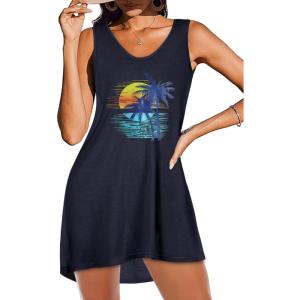 image:imageCHICGAL Womens Swimsuit Coverup Summer Beach Sleeveless T Shirt Bikini Tank Dress Loose Bathing Suit Cover Up 2026Dark Blue Trees