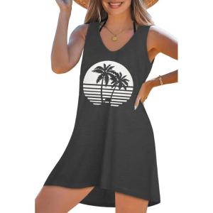 image:imageCHICGAL Womens Swimsuit Coverup Summer Beach Sleeveless T Shirt Bikini Tank Dress Loose Bathing Suit Cover Up 2026Grey Coconut Tree