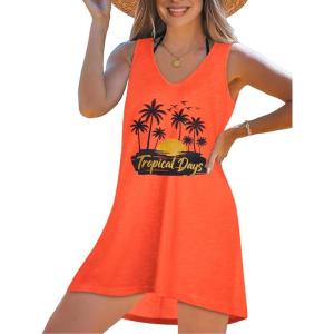 image:imageCHICGAL Womens Swimsuit Coverup Summer Beach Sleeveless T Shirt Bikini Tank Dress Loose Bathing Suit Cover Up 2026Orange Trees