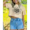 image:imageWomens Summer Crop Tops Short Sleeve Round Neck TShirts Loose Fit Casual Blouse 2026C Khaki Sunflower