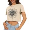 image:imageWomens Summer Crop Tops Short Sleeve Round Neck TShirts Loose Fit Casual Blouse 2026C Khaki Sunflower