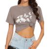 image:imageWomens Summer Crop Tops Short Sleeve Round Neck TShirts Loose Fit Casual Blouse 2026H Brown Flower Butterfly