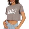 image:imageWomens Summer Crop Tops Short Sleeve Round Neck TShirts Loose Fit Casual Blouse 2026H Brown Flower Butterfly