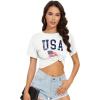 image:imageWomens Summer Crop Tops Short Sleeve Round Neck TShirts Loose Fit Casual Blouse 2026I White Blue Flag