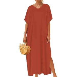 image:imageCHICGAL Kaftan Dresses for Women Oversized Long Batwing Sleeve Caftan V Neck Beach Cover Ups Summer Maxi Dress 2026Dull Orange