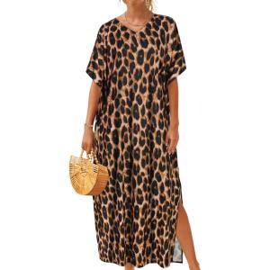 image:imageCHICGAL Kaftan Dresses for Women Oversized Long Batwing Sleeve Caftan V Neck Beach Cover Ups Summer Maxi Dress 2026Leopard Print