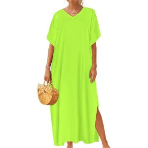 image:imageCHICGAL Kaftan Dresses for Women Oversized Long Batwing Sleeve Caftan V Neck Beach Cover Ups Summer Maxi Dress 2026Neon Green