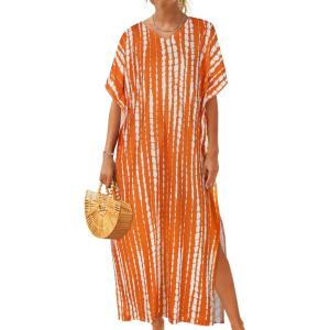 image:imageCHICGAL Kaftan Dresses for Women Oversized Long Batwing Sleeve Caftan V Neck Beach Cover Ups Summer Maxi Dress 2026Orange White Stripes