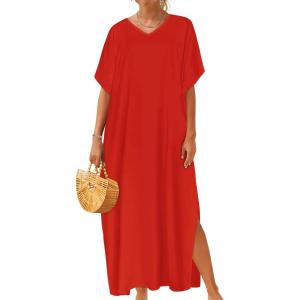 image:imageCHICGAL Kaftan Dresses for Women Oversized Long Batwing Sleeve Caftan V Neck Beach Cover Ups Summer Maxi Dress 2026Red