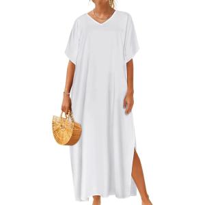 image:imageCHICGAL Kaftan Dresses for Women Oversized Long Batwing Sleeve Caftan V Neck Beach Cover Ups Summer Maxi Dress 2026White