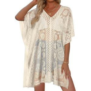 image:imageWomens Lace Bathing Suit Cover Up V Neck Beach Coverup Summer Swim Coverups Loose Bikini Beach Dress 2026Beige