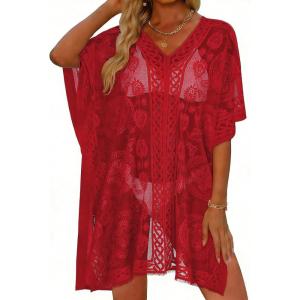 image:imageWomens Lace Bathing Suit Cover Up V Neck Beach Coverup Summer Swim Coverups Loose Bikini Beach Dress 2026Bright Red
