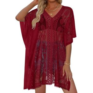 image:imageWomens Lace Bathing Suit Cover Up V Neck Beach Coverup Summer Swim Coverups Loose Bikini Beach Dress 2026Deep Red