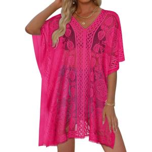 image:imageWomens Lace Bathing Suit Cover Up V Neck Beach Coverup Summer Swim Coverups Loose Bikini Beach Dress 2026Pink