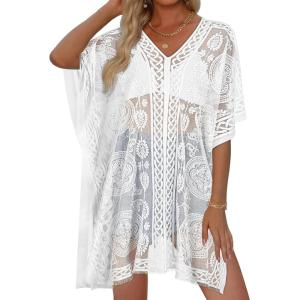 image:imageWomens Lace Bathing Suit Cover Up V Neck Beach Coverup Summer Swim Coverups Loose Bikini Beach Dress 2026Pure White