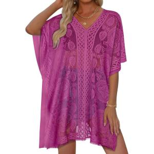 image:imageWomens Lace Bathing Suit Cover Up V Neck Beach Coverup Summer Swim Coverups Loose Bikini Beach Dress 2026Rose Red