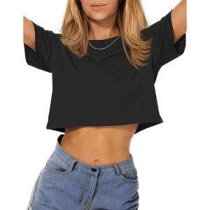 image:imageWomens Summer Crop Tops Short Sleeve Round Neck TShirts Loose Fit Casual Blouse 2026Ablack