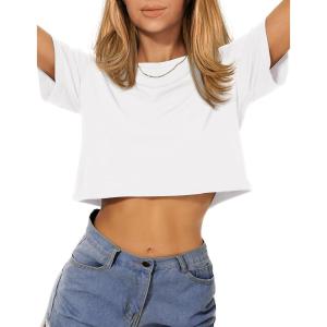 image:imageWomens Summer Crop Tops Short Sleeve Round Neck TShirts Loose Fit Casual Blouse 2026Awhite
