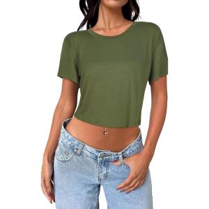 image:imageWomens Summer Crop Tops Short Sleeve Round Neck TShirts Loose Fit Casual Blouse 2026B Army Green