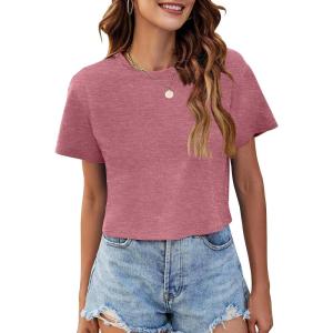 image:imageWomens Summer Crop Tops Short Sleeve Round Neck TShirts Loose Fit Casual Blouse 2026B Brick Red