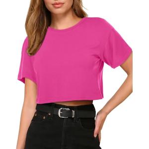 image:imageWomens Summer Crop Tops Short Sleeve Round Neck TShirts Loose Fit Casual Blouse 2026B Hot Pink