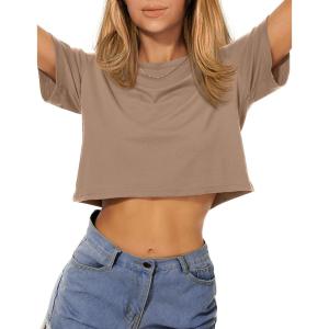 image:imageWomens Summer Crop Tops Short Sleeve Round Neck TShirts Loose Fit Casual Blouse 2026B Khaki