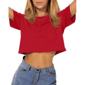 image:imageWomens Summer Crop Tops Short Sleeve Round Neck TShirts Loose Fit Casual Blouse 2026B Red