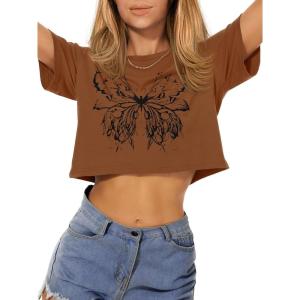 image:imageWomens Summer Crop Tops Short Sleeve Round Neck TShirts Loose Fit Casual Blouse 2026C Brown Butterfly