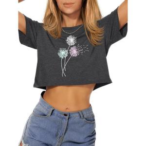 image:imageWomens Summer Crop Tops Short Sleeve Round Neck TShirts Loose Fit Casual Blouse 2026Colorful Dandelion