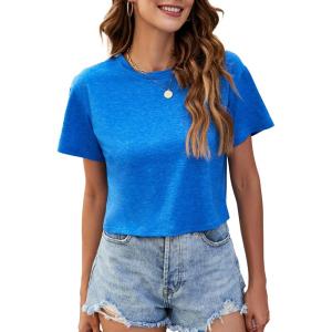 image:imageWomens Summer Crop Tops Short Sleeve Round Neck TShirts Loose Fit Casual Blouse 2026D Light Blue