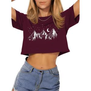 image:imageWomens Summer Crop Tops Short Sleeve Round Neck TShirts Loose Fit Casual Blouse 2026Deep Red Highlands