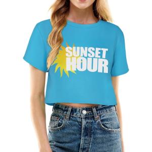 image:imageWomens Summer Crop Tops Short Sleeve Round Neck TShirts Loose Fit Casual Blouse 2026F Blue Sunset Hour