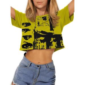 image:imageWomens Summer Crop Tops Short Sleeve Round Neck TShirts Loose Fit Casual Blouse 2026H Ginger Yellow Graffiti